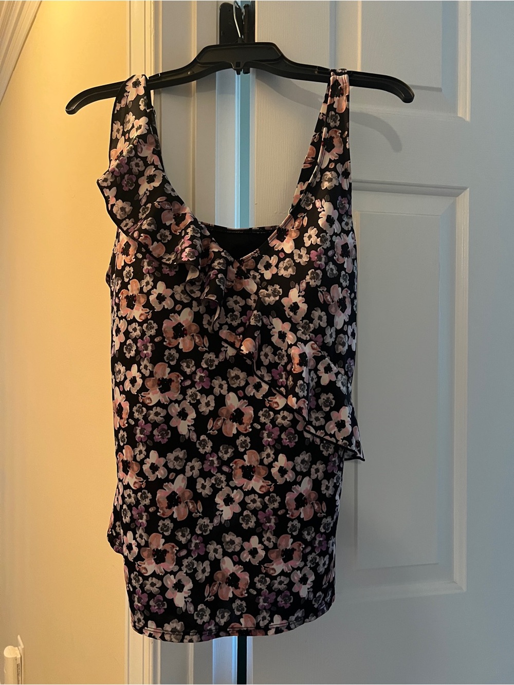 Persona Black Floral Ruffle tankini with Pink & Cream Flowers